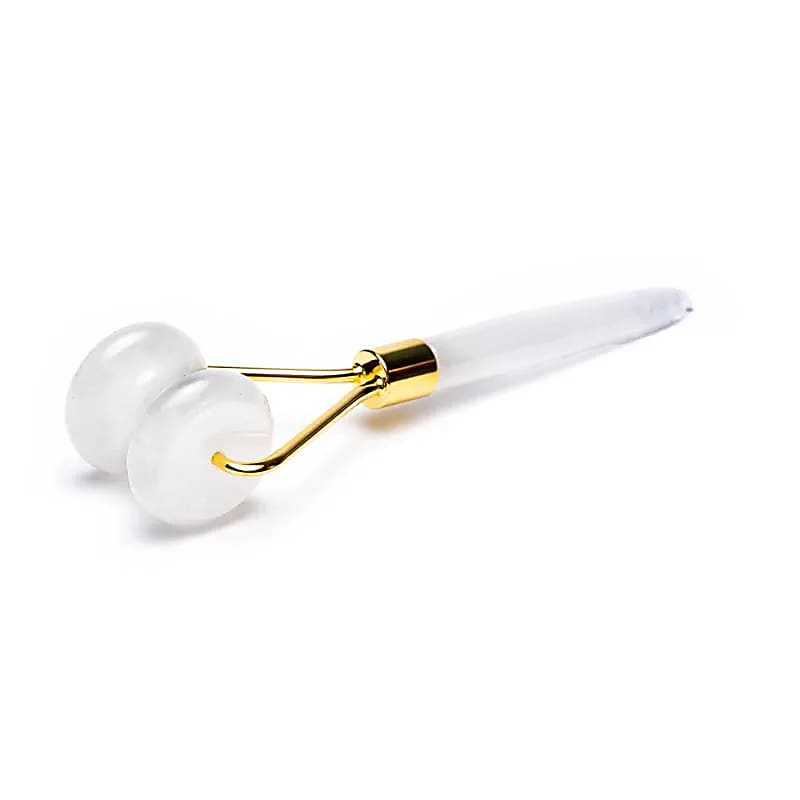 Rouleau de massage visage cristal de roche, métal couleur or jaune - 15cm - 108g