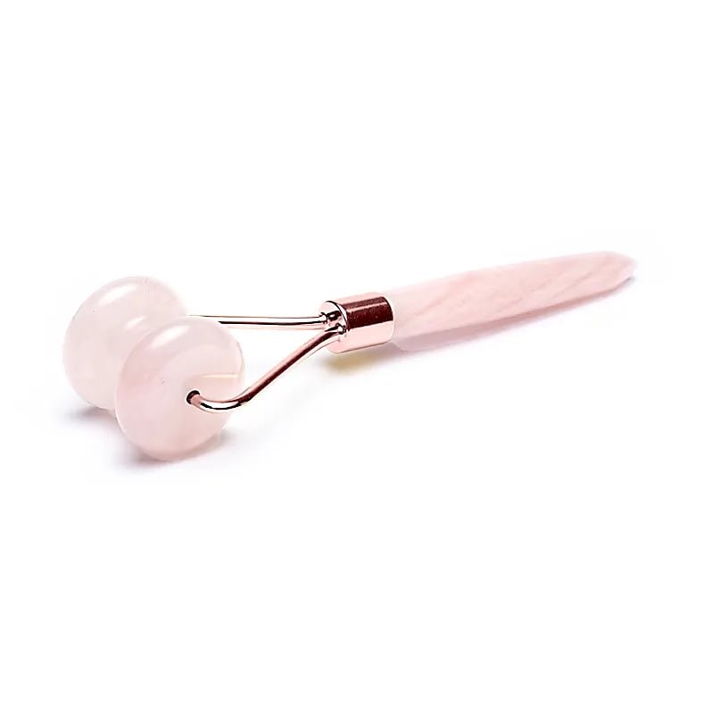 Rouleau de massage visage quartz rose, métal couleur or rose - 15cm - 108gr